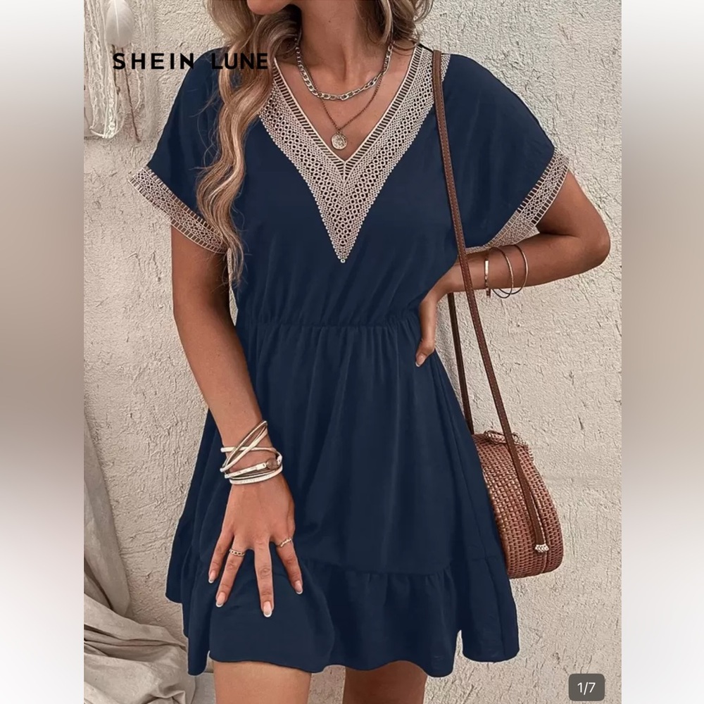 SHEIN Navy V-Neck Crochet-Trim Mini Dress